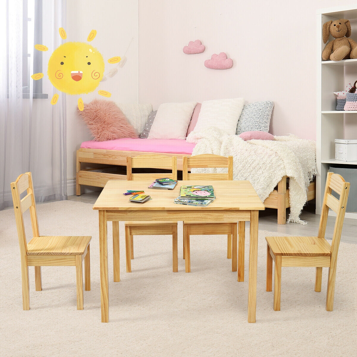 5 Pieces Kids Pine Wood Table Chair Set-Natural Kids Crystal
