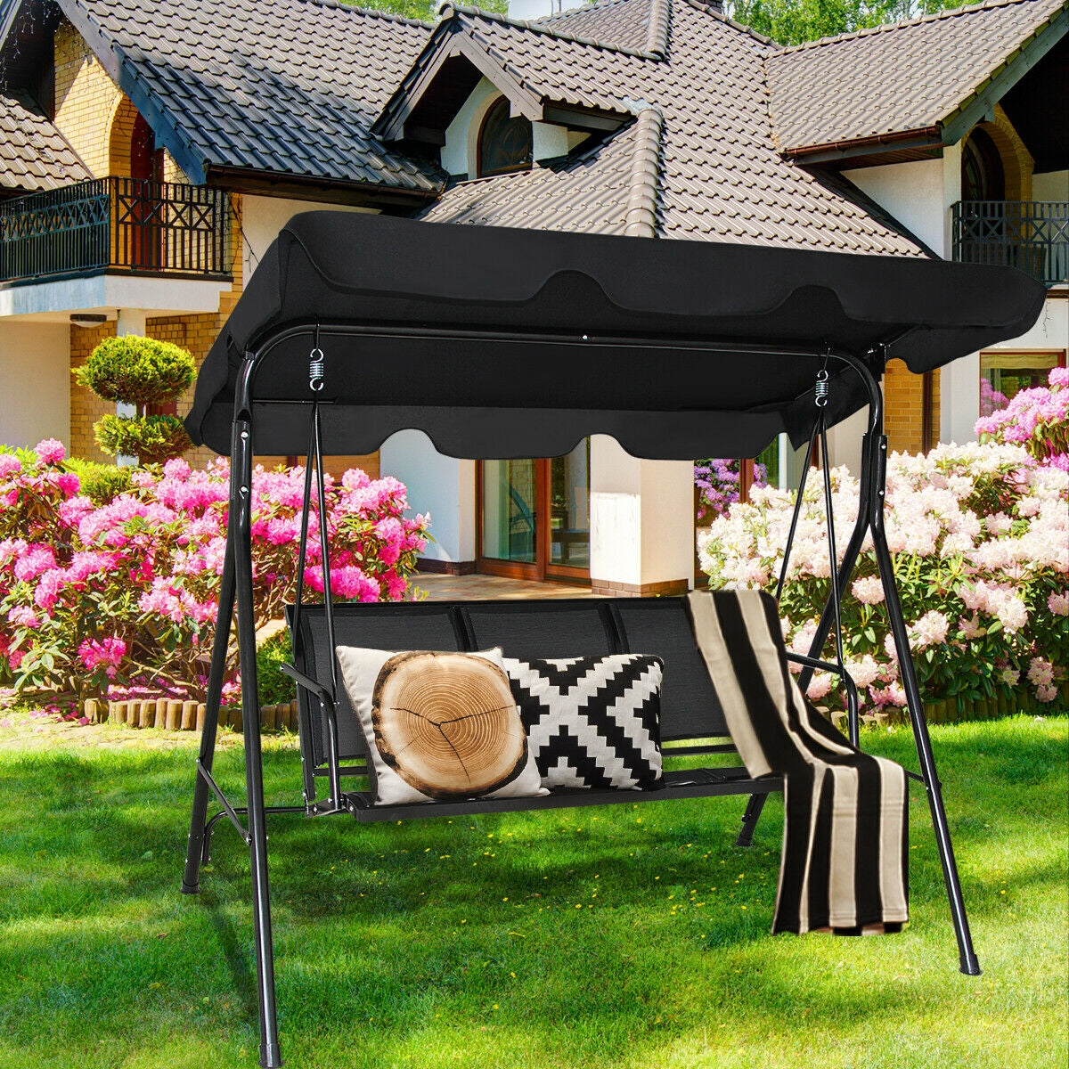 Outdoor Patio Swing Canopy 3 Person Canopy Swing Chair-Black Kids Crystal