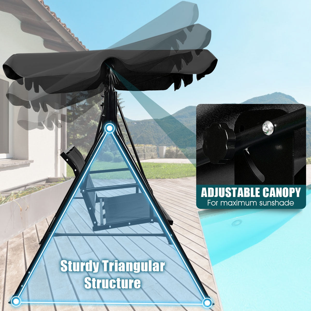 Outdoor Patio Swing Canopy 3 Person Canopy Swing Chair-Black Kids Crystal