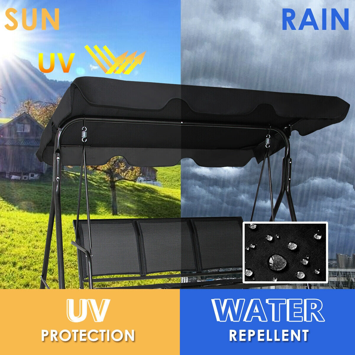 Outdoor Patio Swing Canopy 3 Person Canopy Swing Chair-Black Kids Crystal