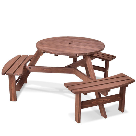 6 Person Wooden Picnic Table Set with Bench and Umbrella Hold Kids Crystal