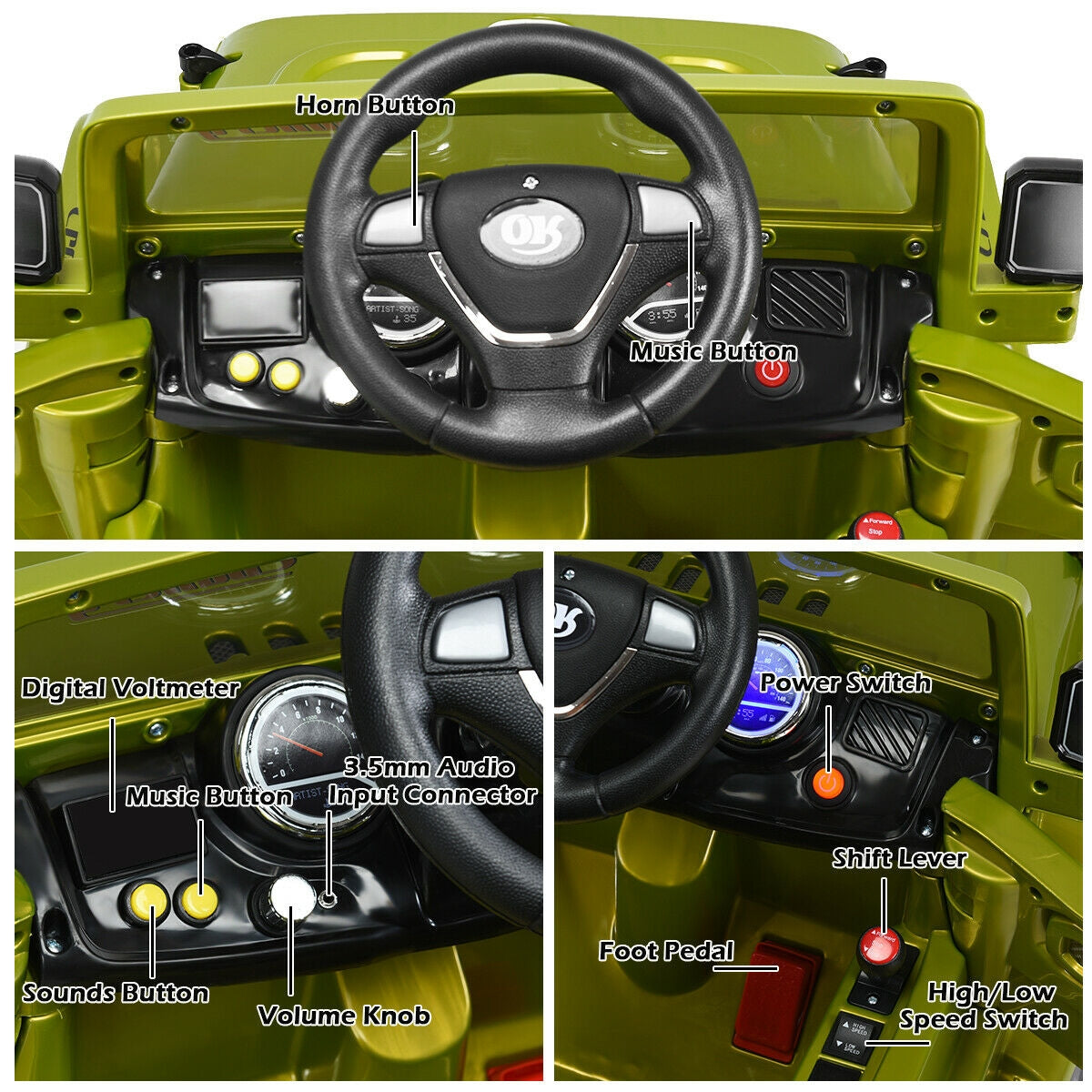 12 V Kids Ride on Truck with MP3 + LED Lights-Green