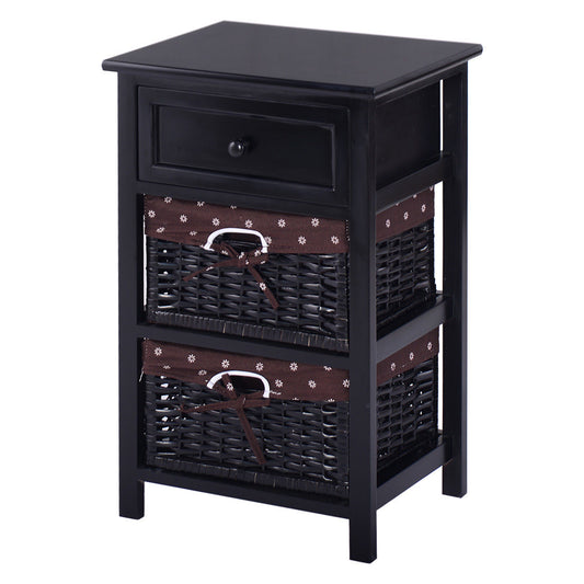 3 Tiers Wooden Storage Nightstand with 2 Baskets and 1 Drawer-black Kids Crystal