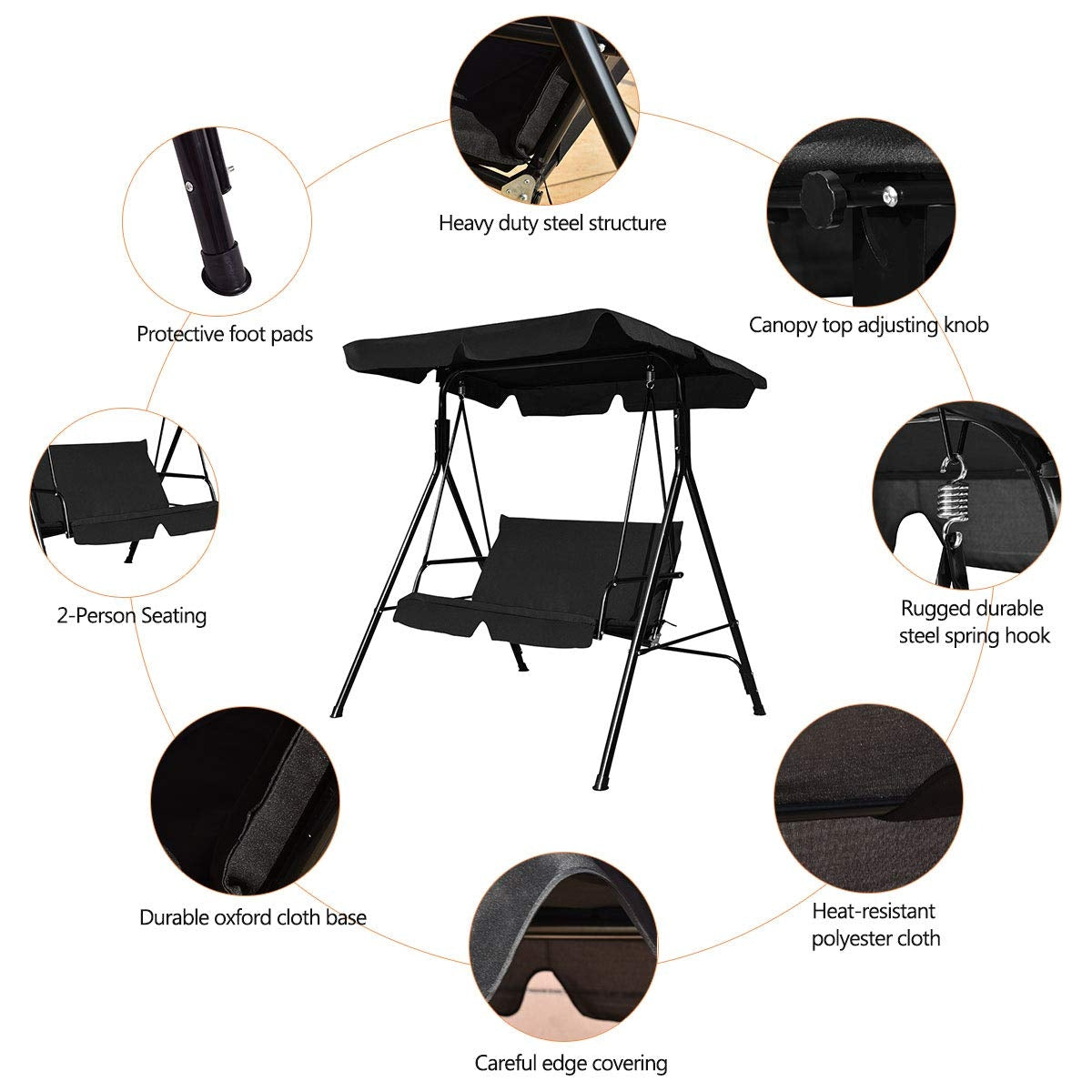 Loveseat Cushioned Patio Steel Frame Swing Glider -Black Kids Crystal