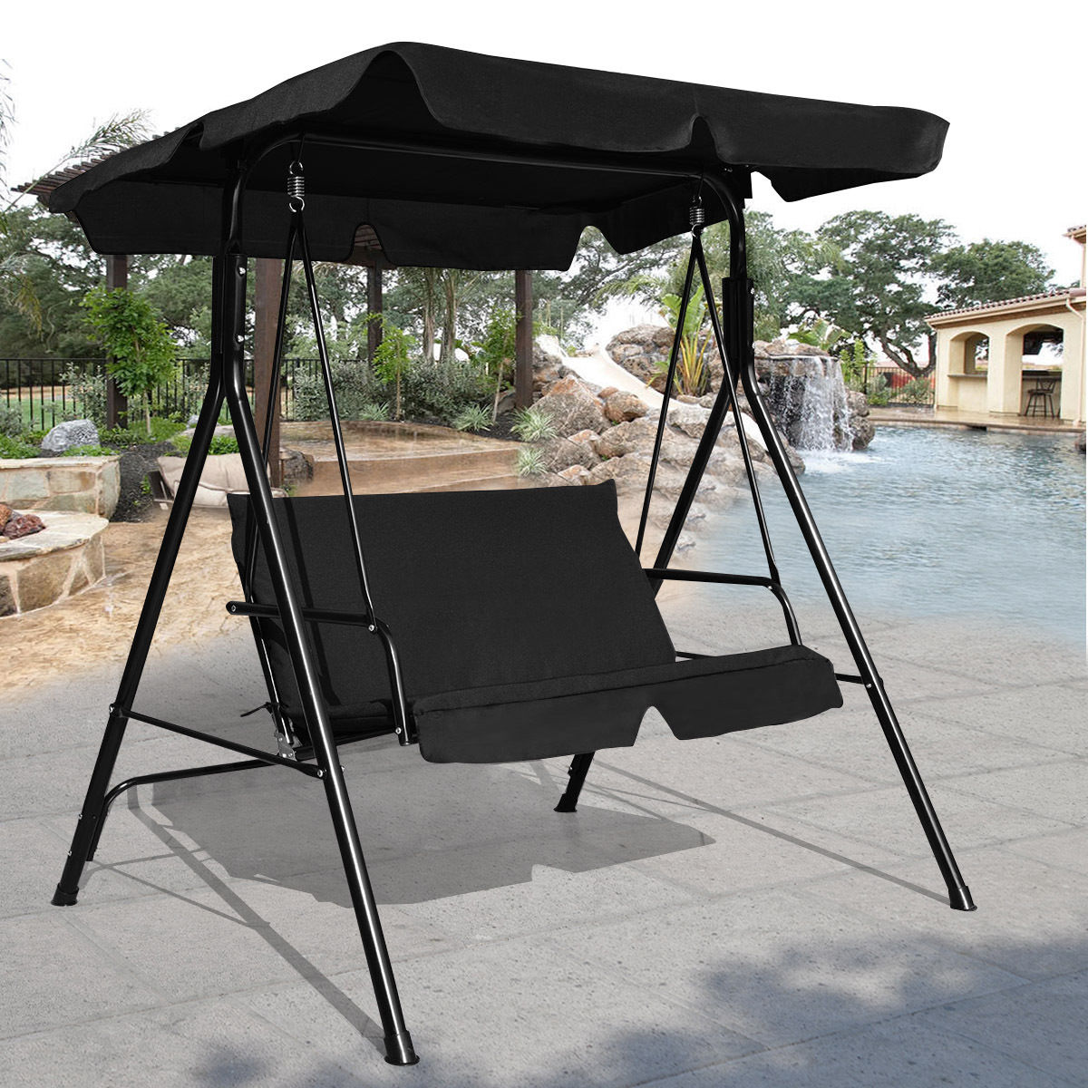 Loveseat Cushioned Patio Steel Frame Swing Glider -Black Kids Crystal