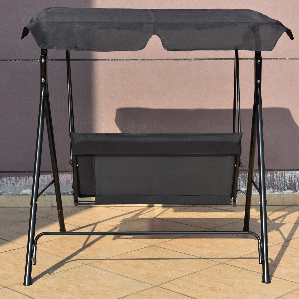 Loveseat Cushioned Patio Steel Frame Swing Glider -Black Kids Crystal