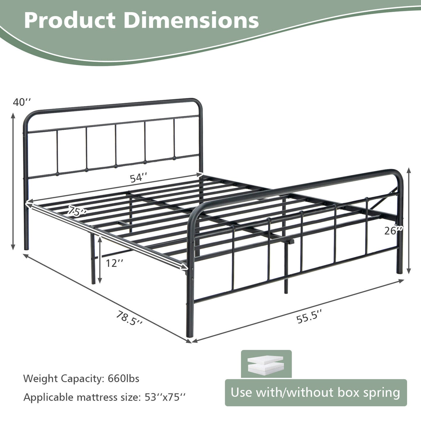 Heavy Duty Metal Platform Bed Frame with Headboard-Full Size Kids Crystal