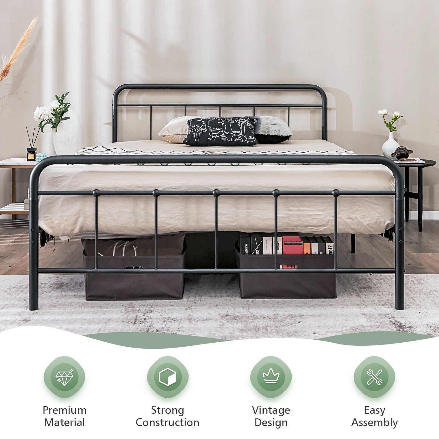 Heavy Duty Metal Platform Bed Frame with Headboard-Full Size Kids Crystal