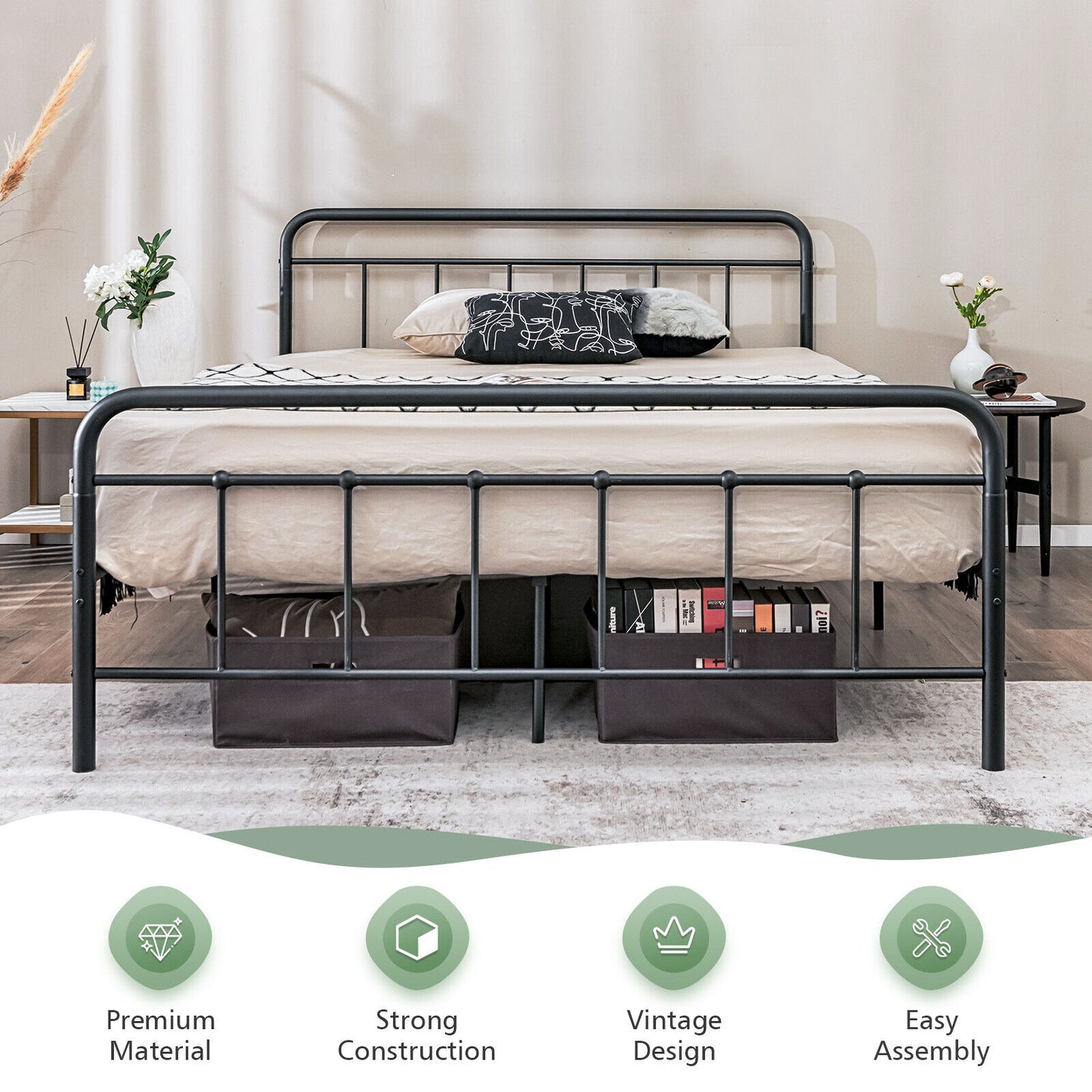 Heavy Duty Metal Platform Bed Frame with Headboard-Queen Size Kids Crystal