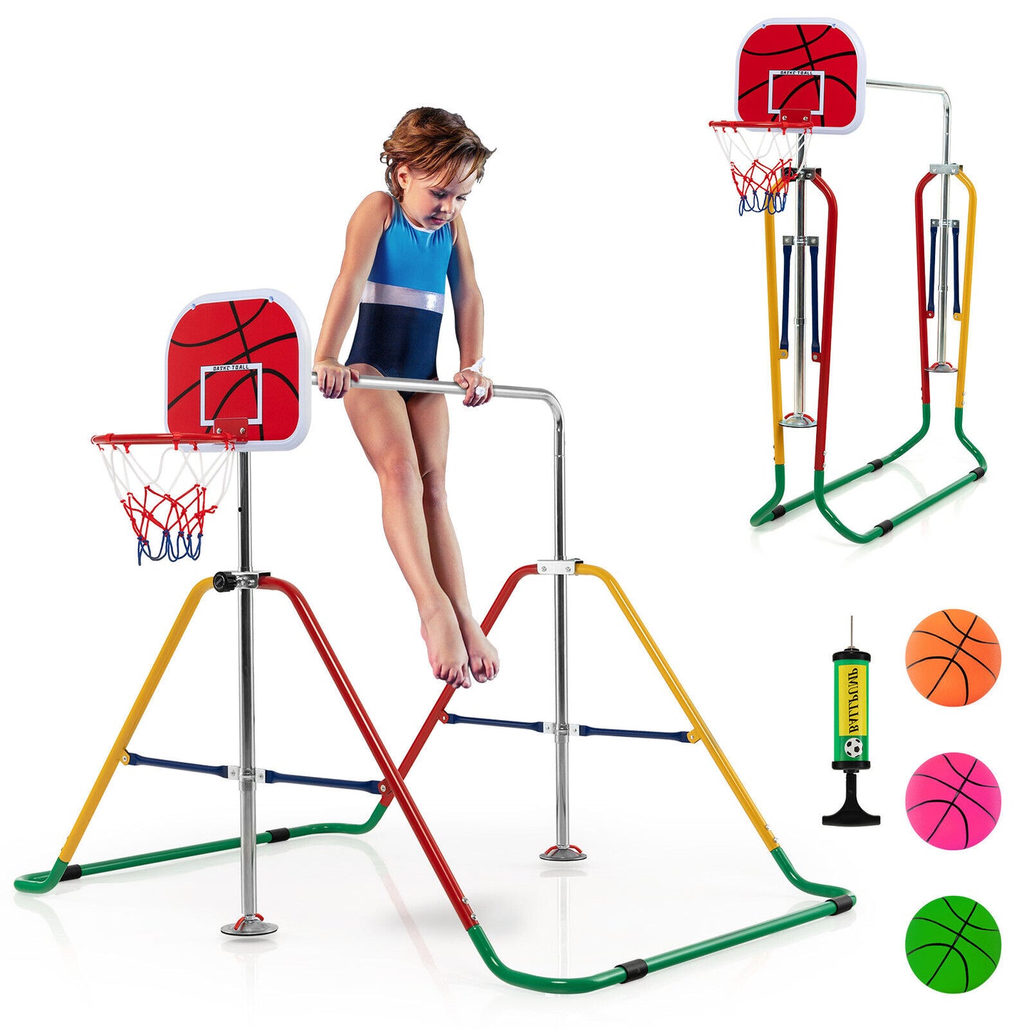 Kids Folding Horizontal Bar with 4 Adjustable Heights-Multicolor Kids Crystal