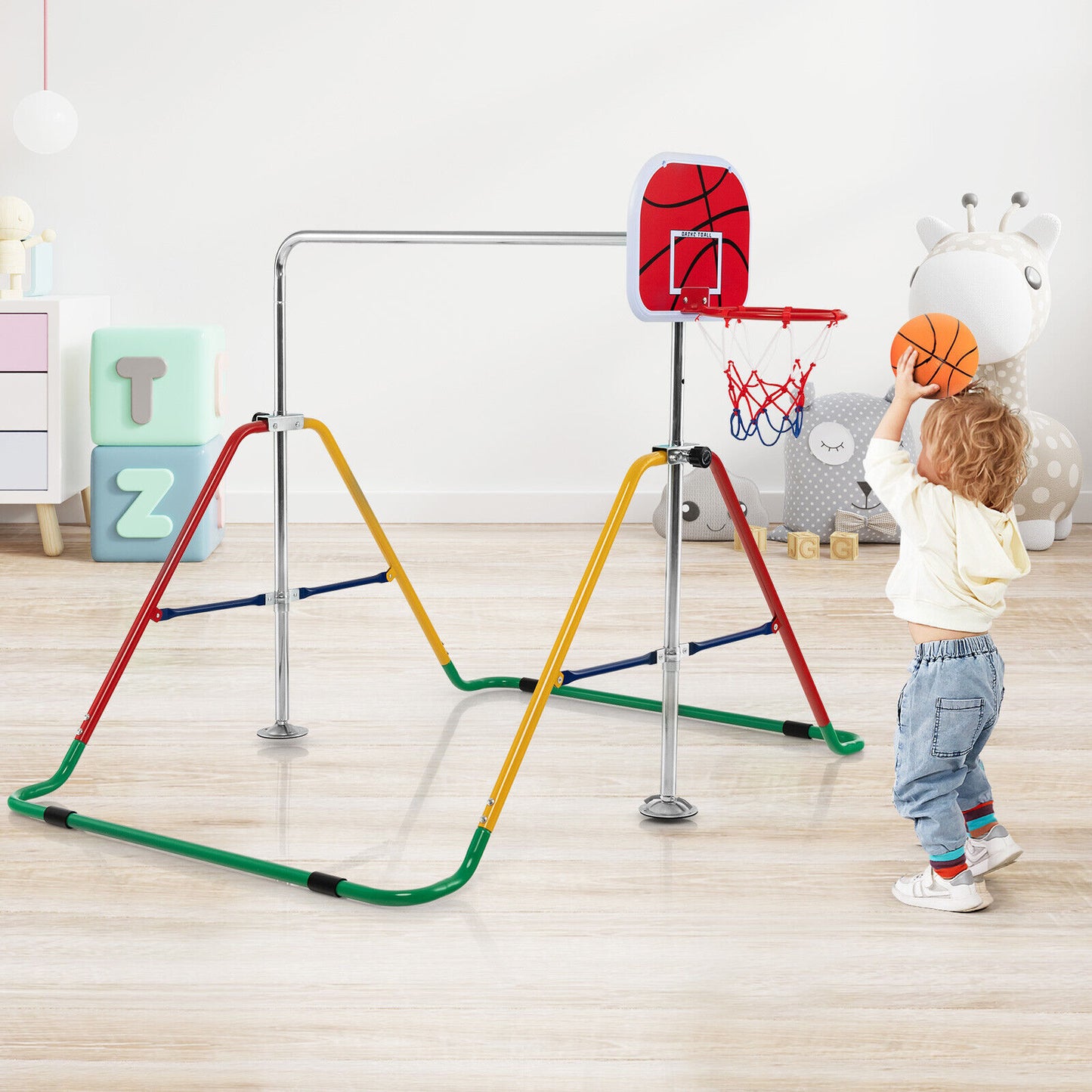 Kids Folding Horizontal Bar with 4 Adjustable Heights-Multicolor Kids Crystal