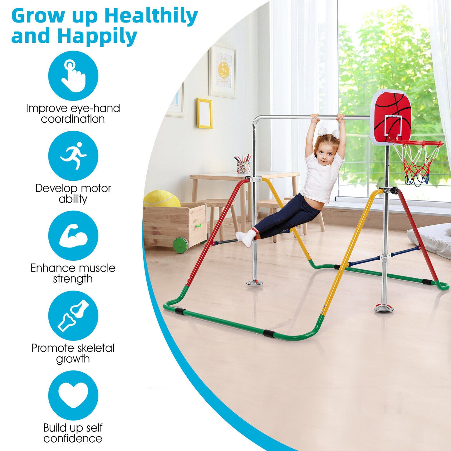 Kids Folding Horizontal Bar with 4 Adjustable Heights-Multicolor Kids Crystal