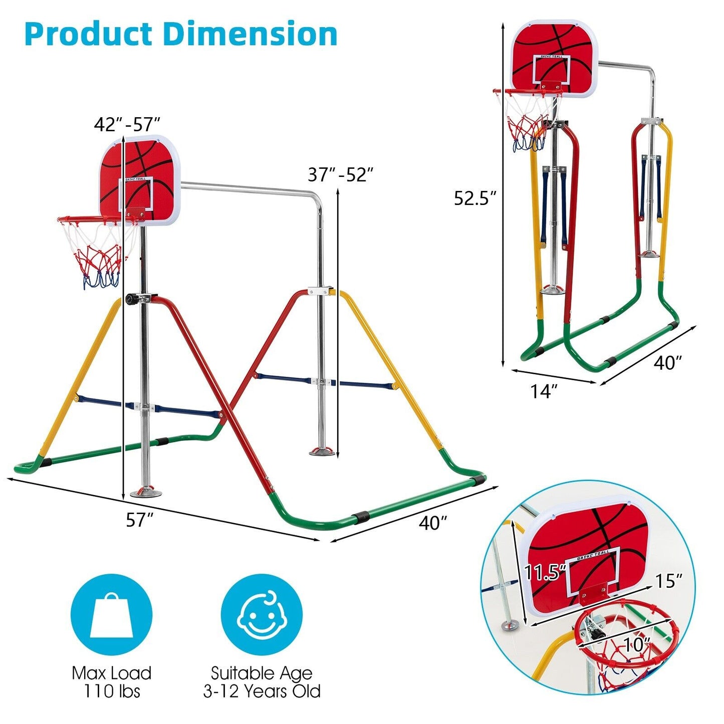 Kids Folding Horizontal Bar with 4 Adjustable Heights-Multicolor Kids Crystal