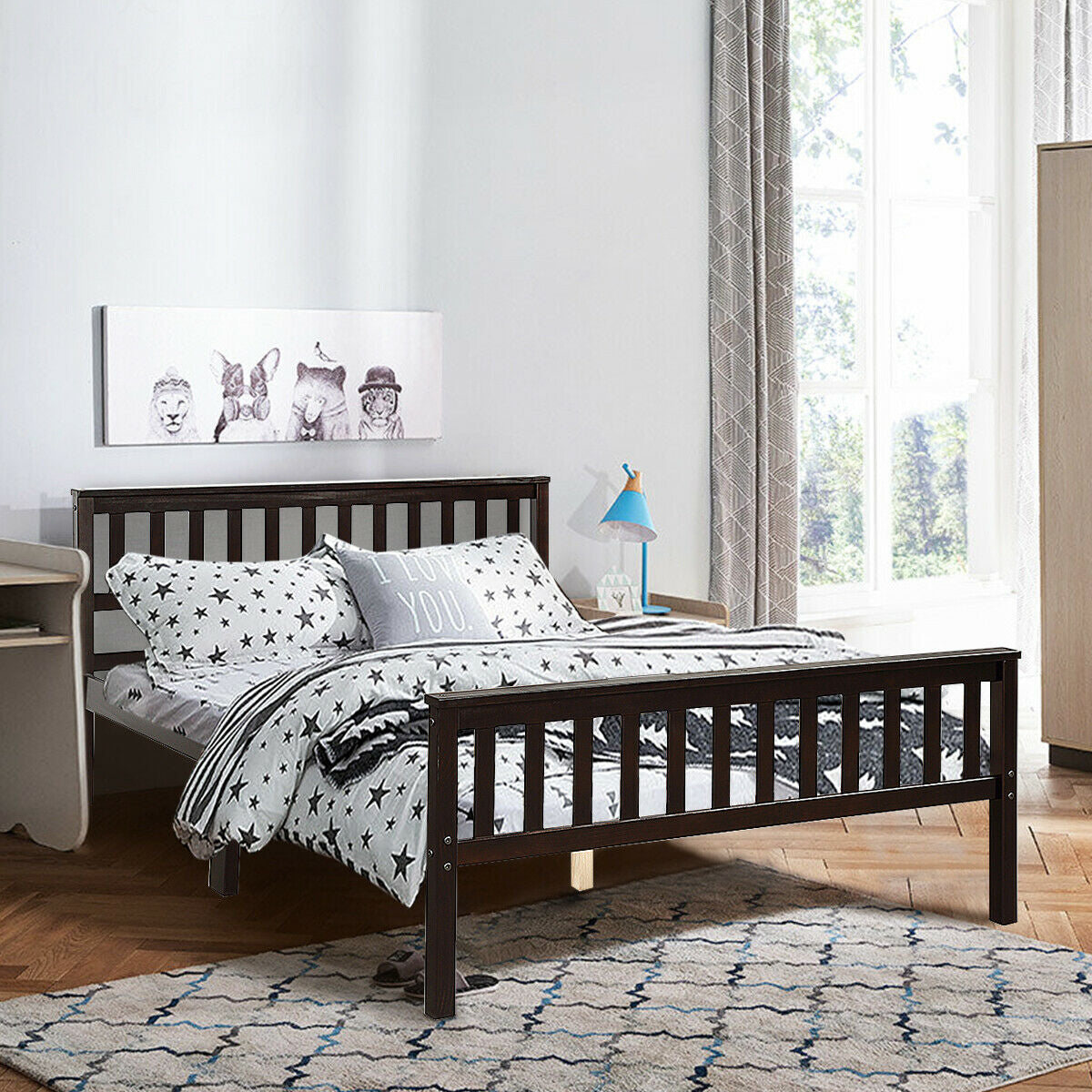 Full Size Wood Platform Bed Frame with Headboard and Footboard Kids Crystal