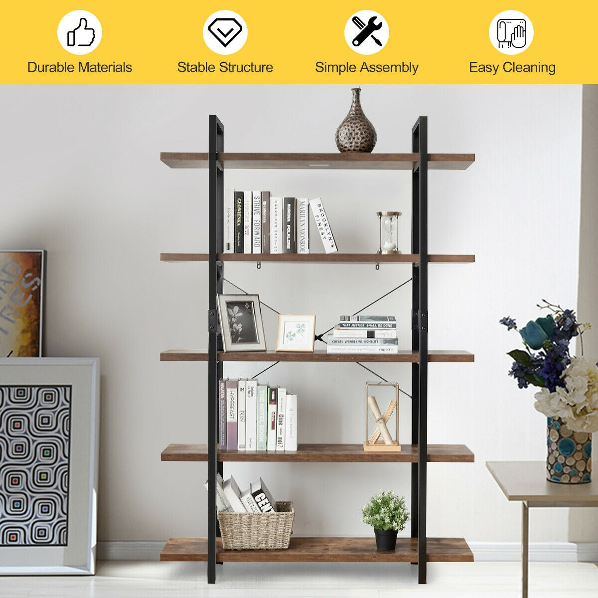 3/5 Tiers Industrial Bookcase with Metal Frame for Home Office-5-Tier Kids Crystal