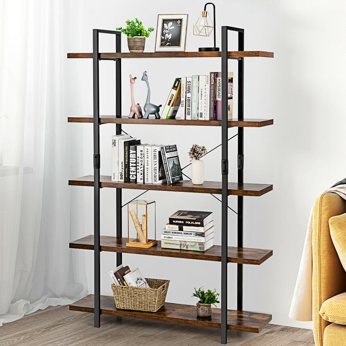 3/5 Tiers Industrial Bookcase with Metal Frame for Home Office-5-Tier Kids Crystal