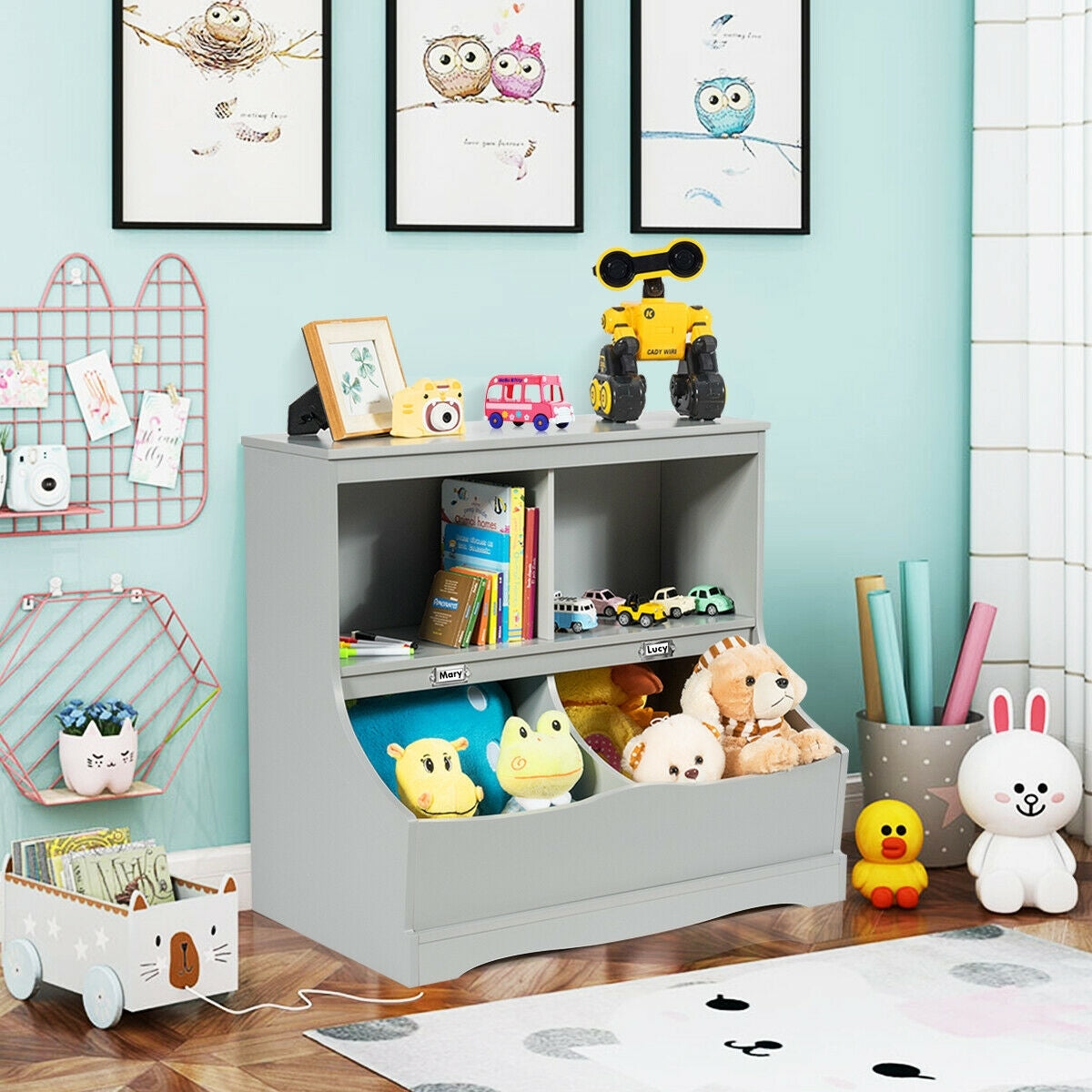 3-Tier Kids Bookcase Storage Organizer-Gray Kids Crystal