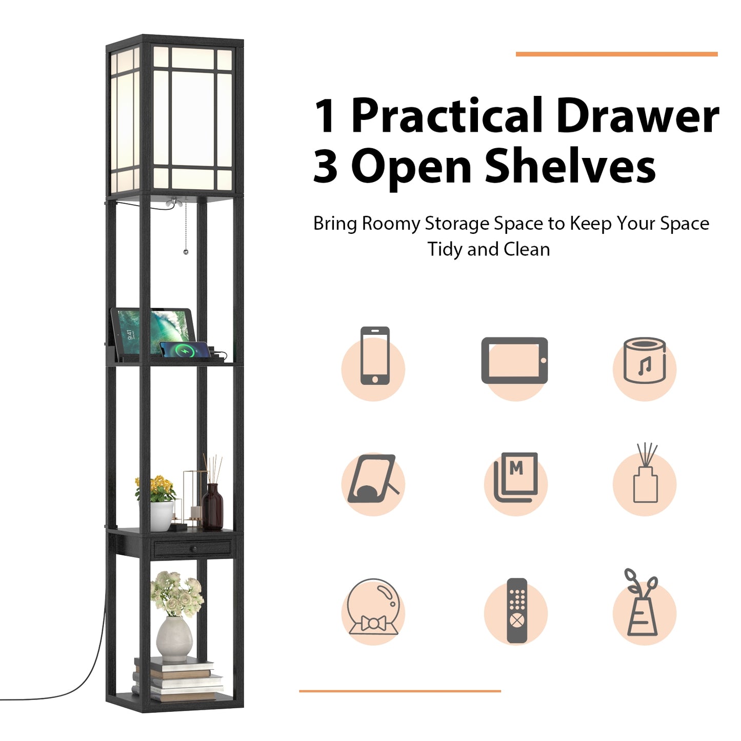 Modern Floor Lamp with Shelves and Drawer Kids Crystal