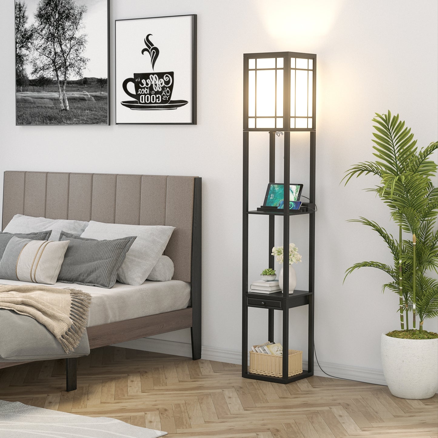 Modern Floor Lamp with Shelves and Drawer Kids Crystal