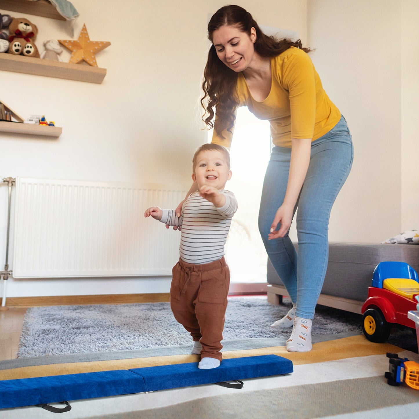7 Feet Folding Portable Floor Balance Beam with Handles for Gymnasts-Blue Kids Crystal