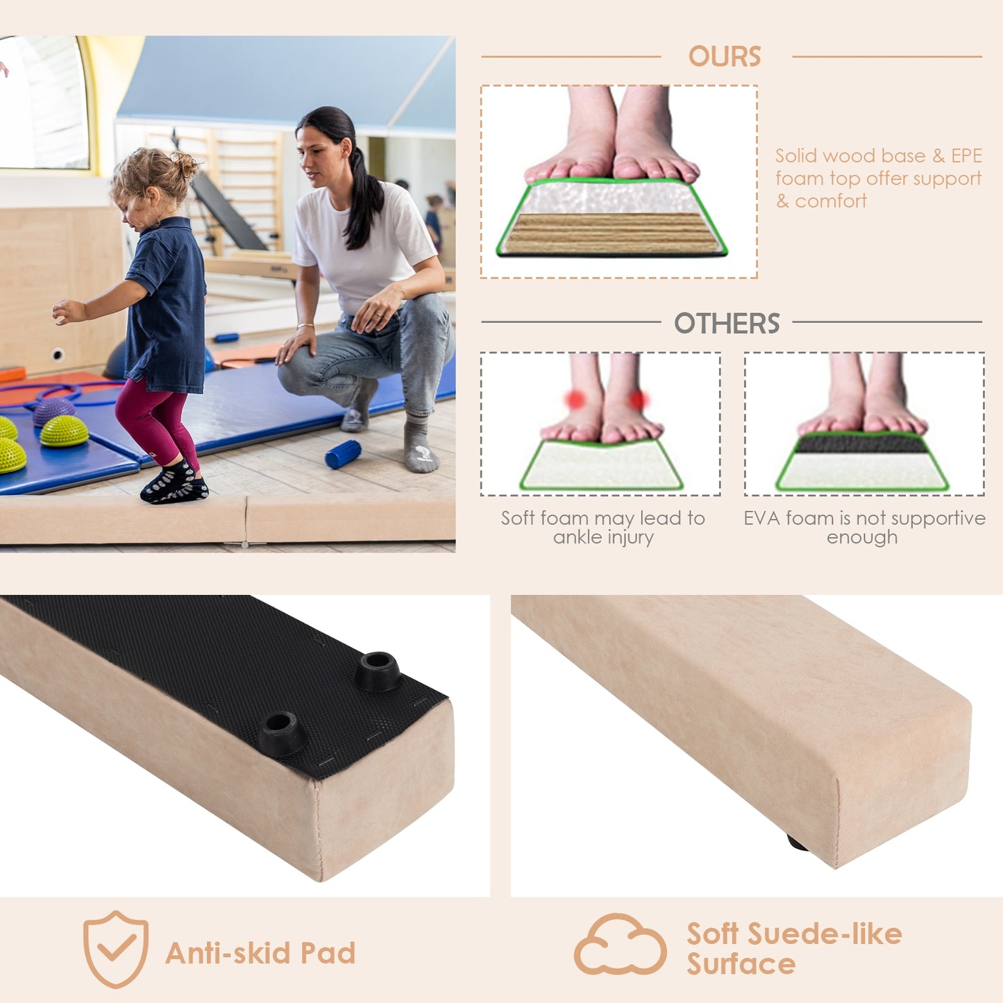 7 Feet Folding Portable Floor Balance Beam with Handles for Gymnasts-Brown Kids Crystal