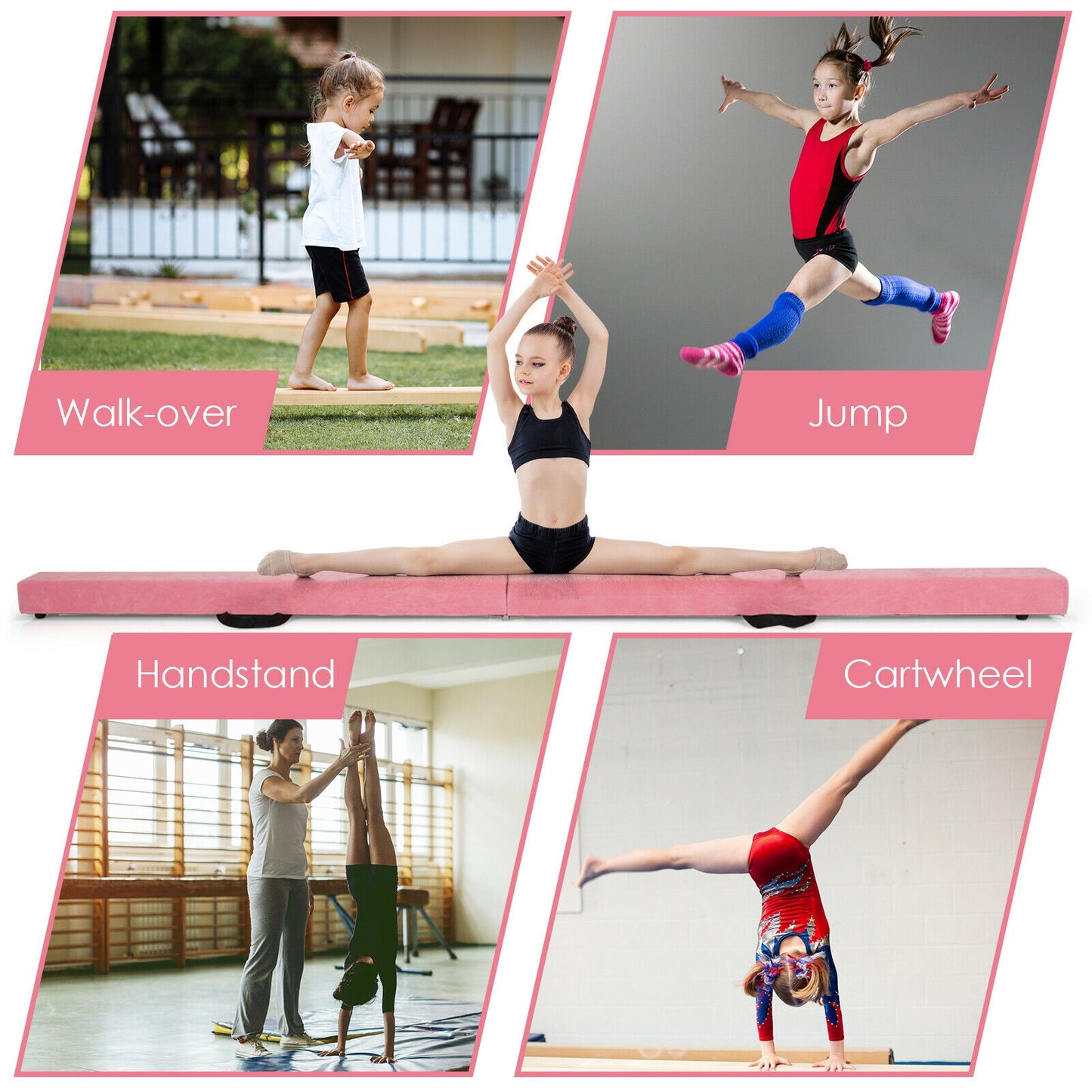 7 Feet Folding Portable Floor Balance Beam with Handles for Gymnasts-Pink Kids Crystal