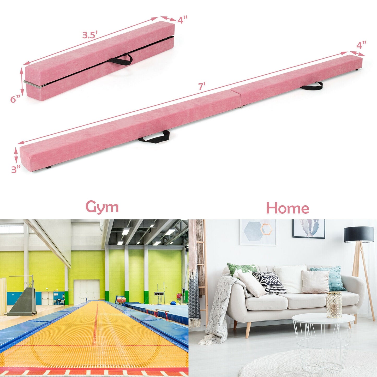 7 Feet Folding Portable Floor Balance Beam with Handles for Gymnasts-Pink Kids Crystal