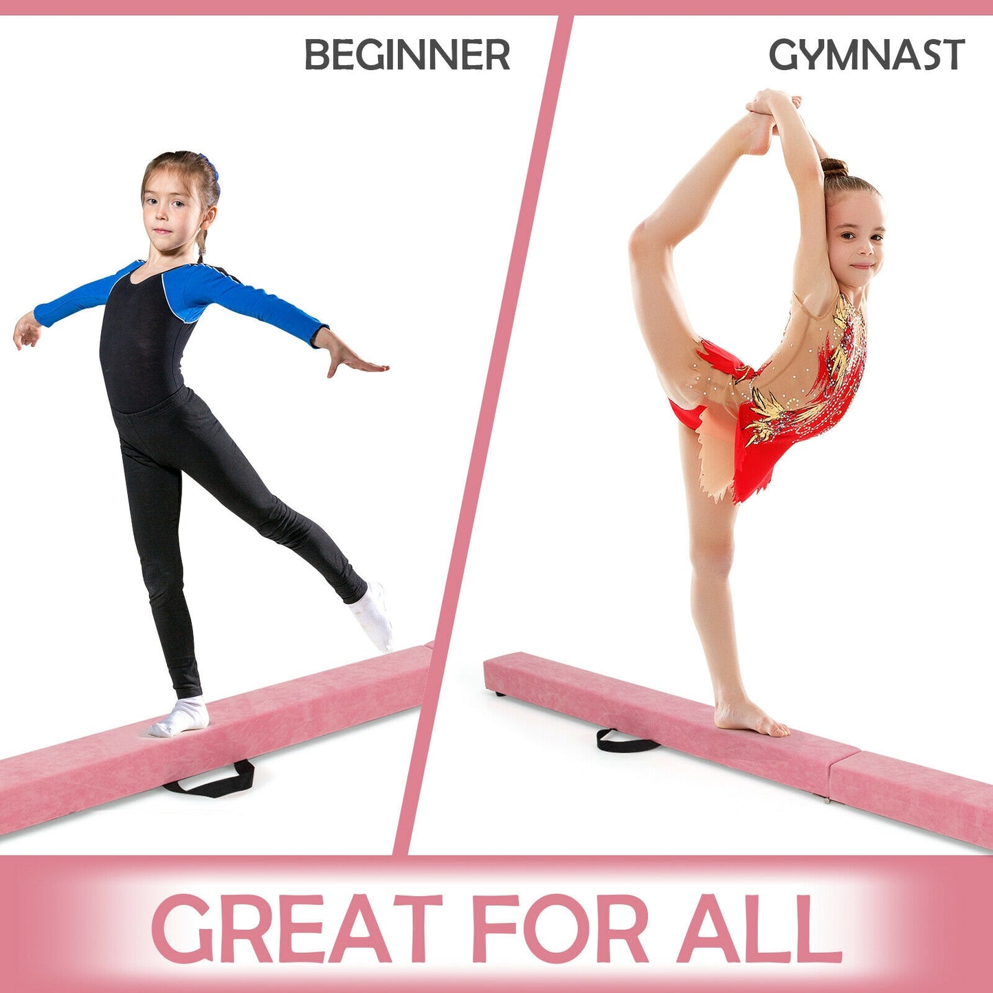 7 Feet Folding Portable Floor Balance Beam with Handles for Gymnasts-Pink Kids Crystal