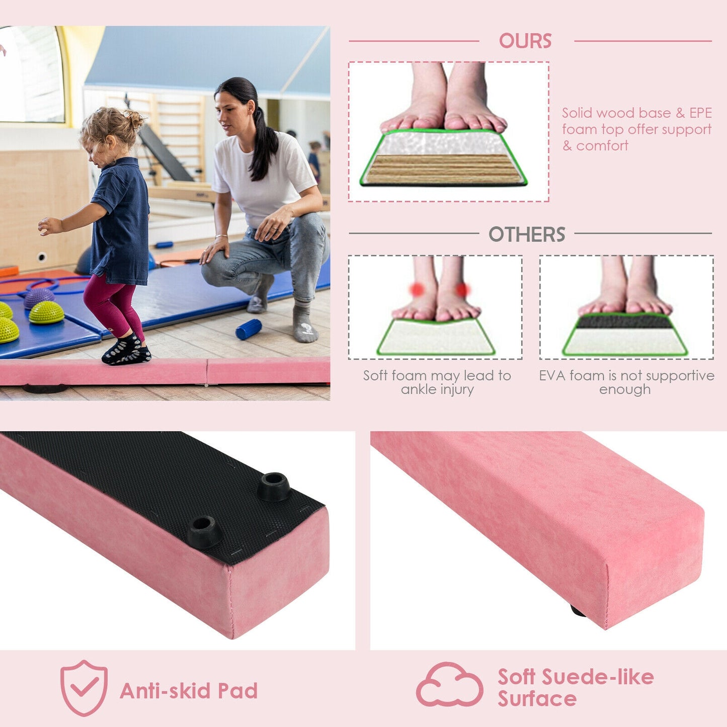 7 Feet Folding Portable Floor Balance Beam with Handles for Gymnasts-Pink Kids Crystal