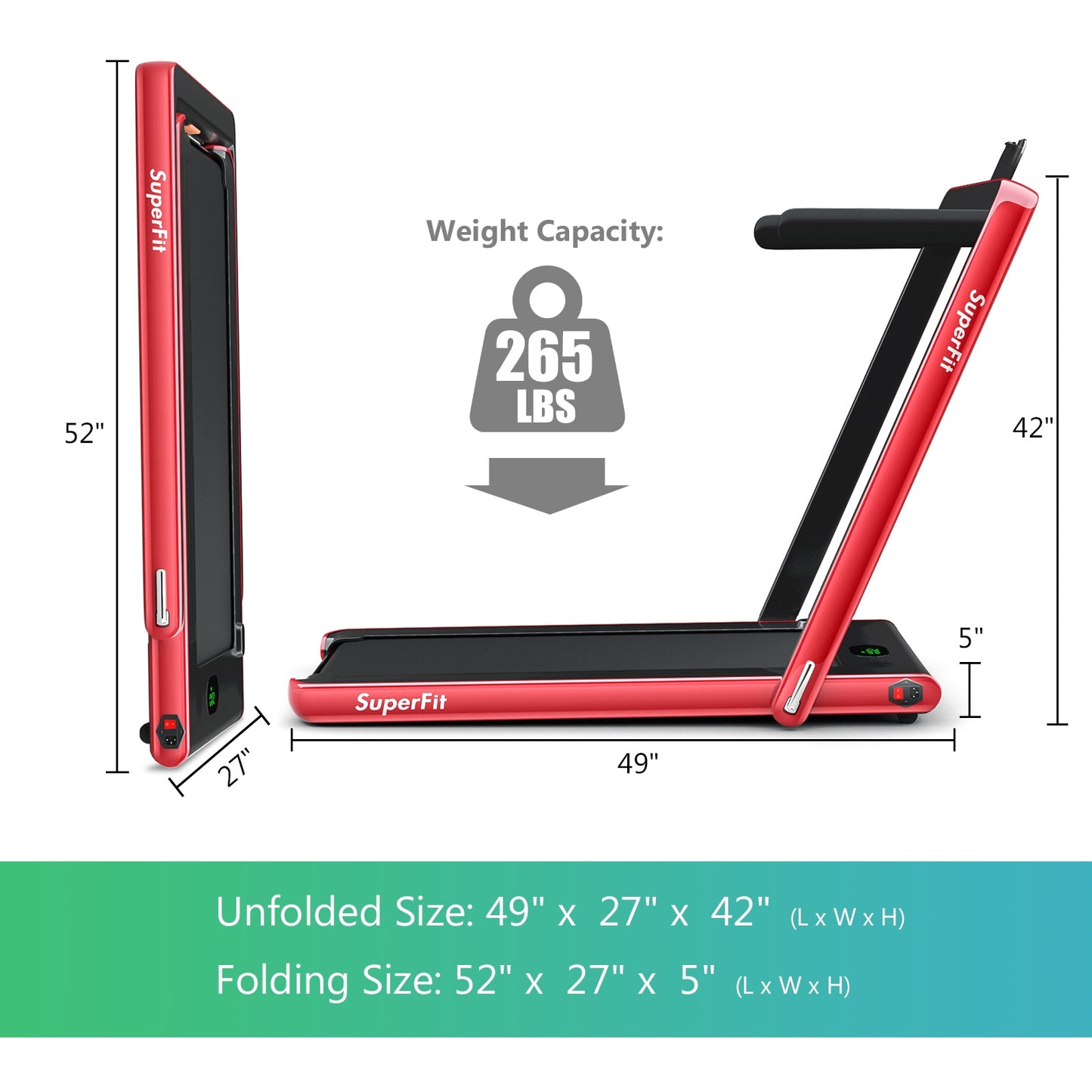 2.25HP 2 in 1 Folding Treadmill with APP Speaker Remote Control-Red Kids Crystal