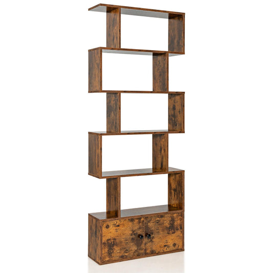 6-Tier S-Shaped Freestanding Bookshelf with Cabinet and Doors-Coffee Kids Crystal