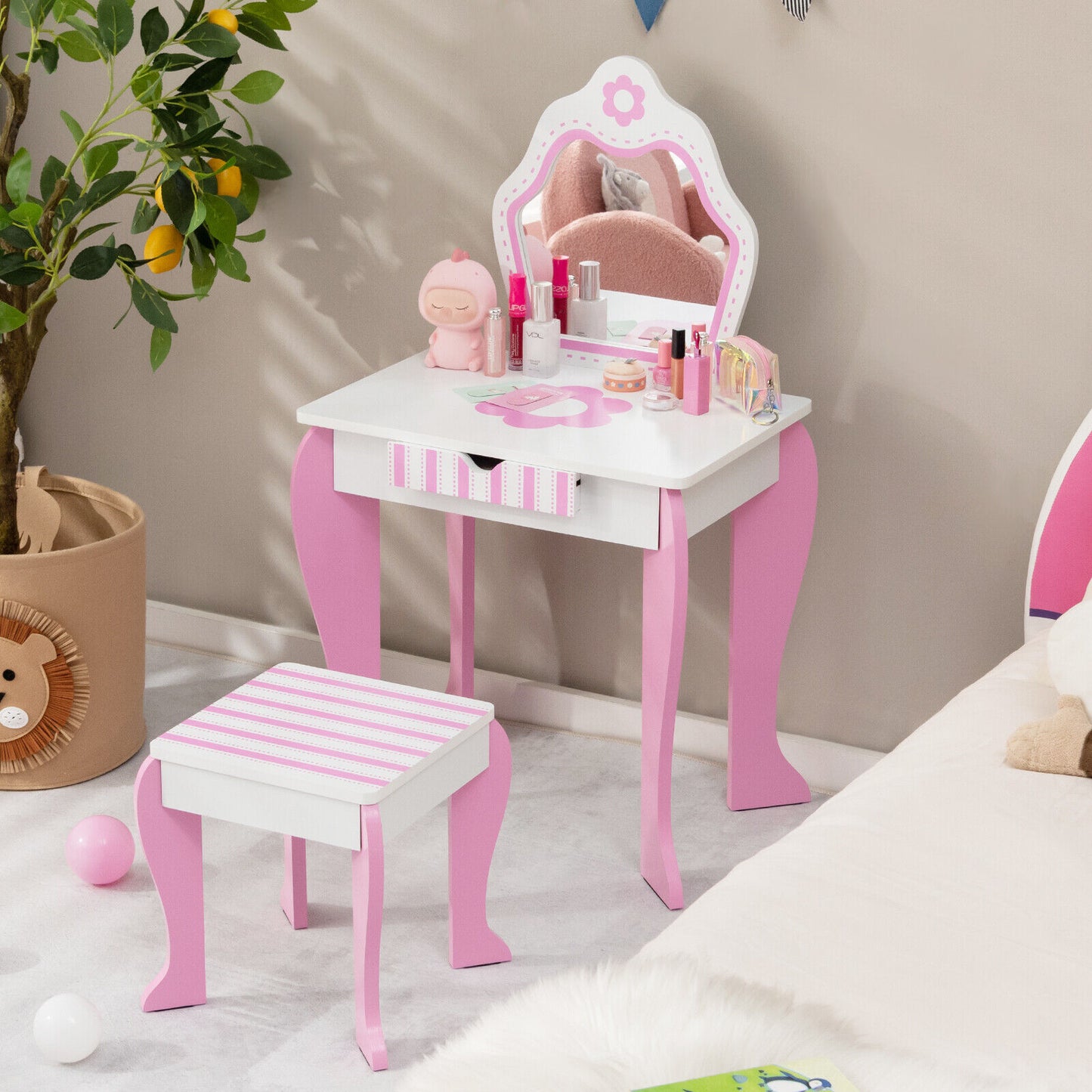 2-in-1 Toddler Vanity Set with Detachable Top and Cute Flower Patterns-White Kids Crystal