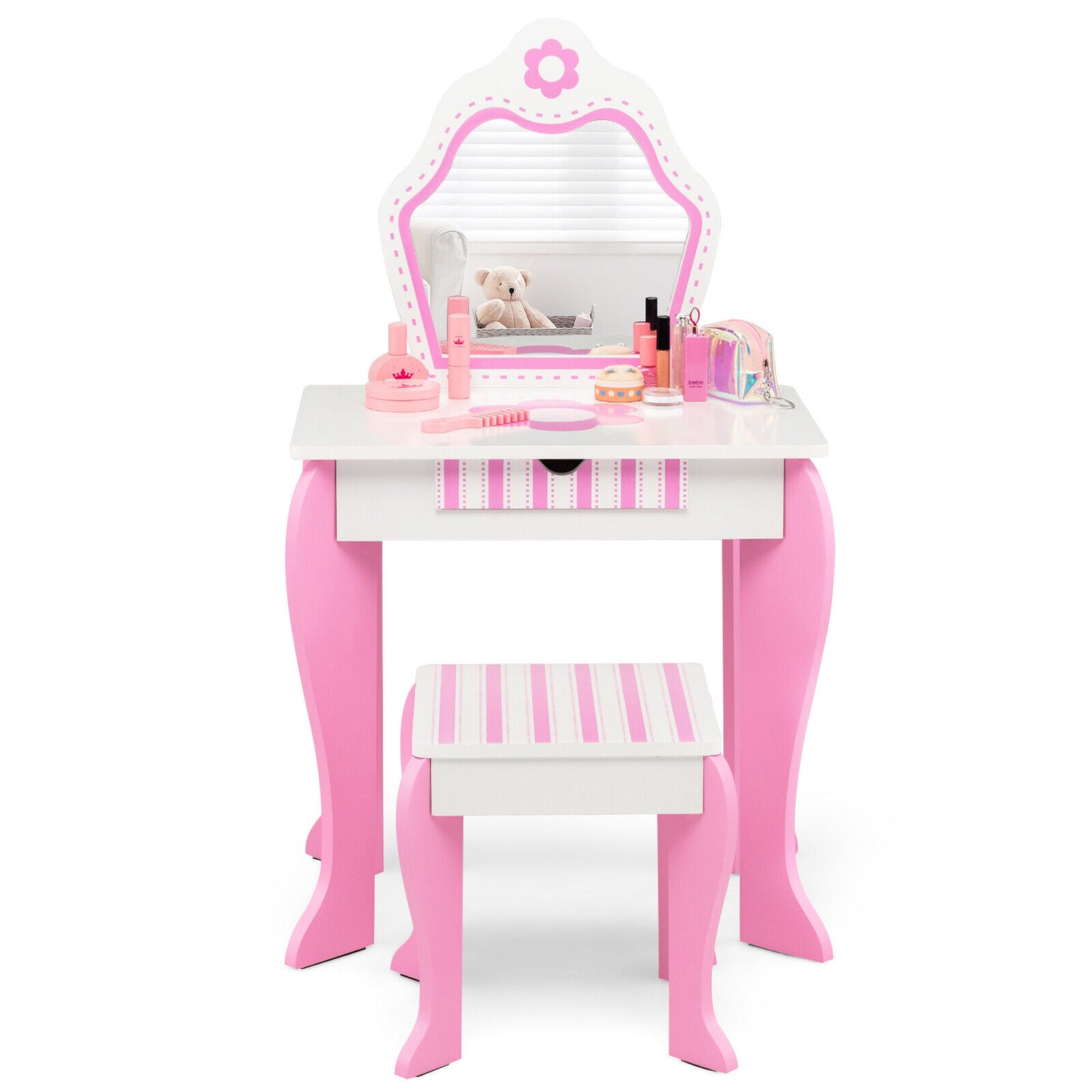 2-in-1 Toddler Vanity Set with Detachable Top and Cute Flower Patterns-White Kids Crystal