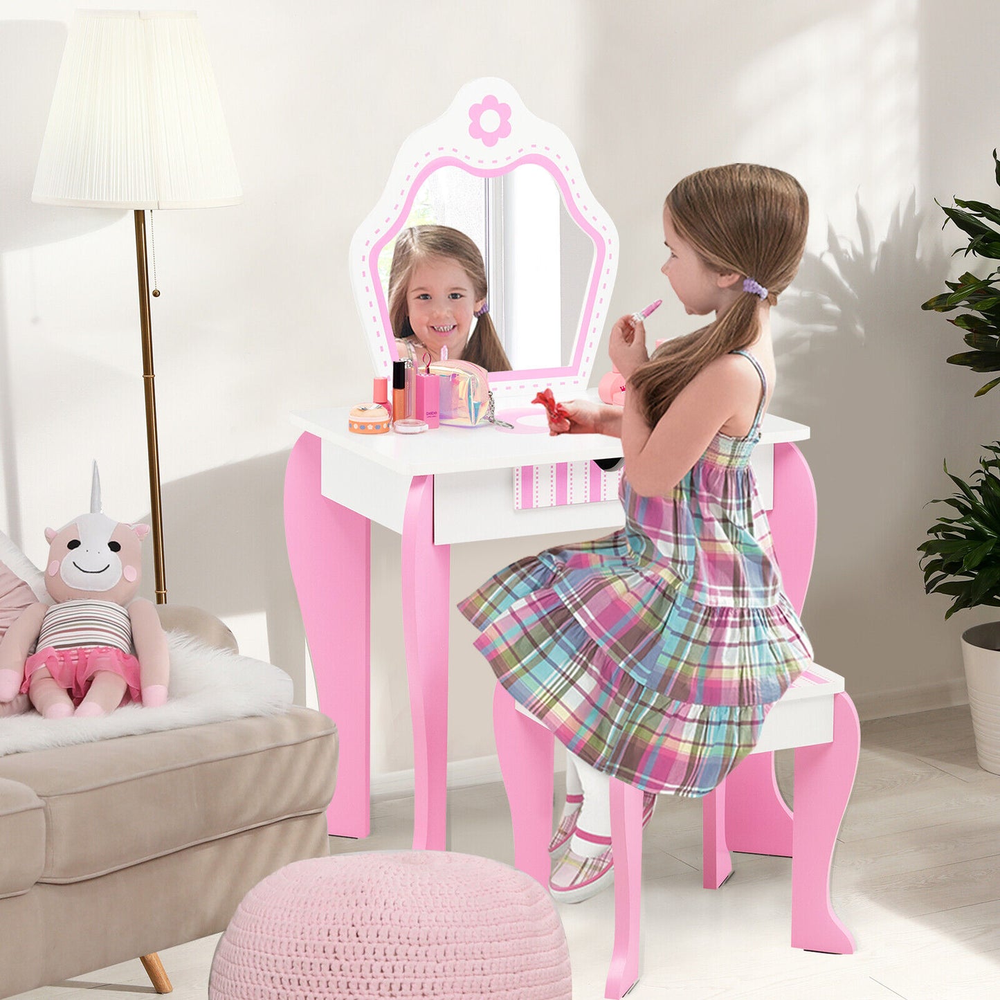 2-in-1 Toddler Vanity Set with Detachable Top and Cute Flower Patterns-White Kids Crystal