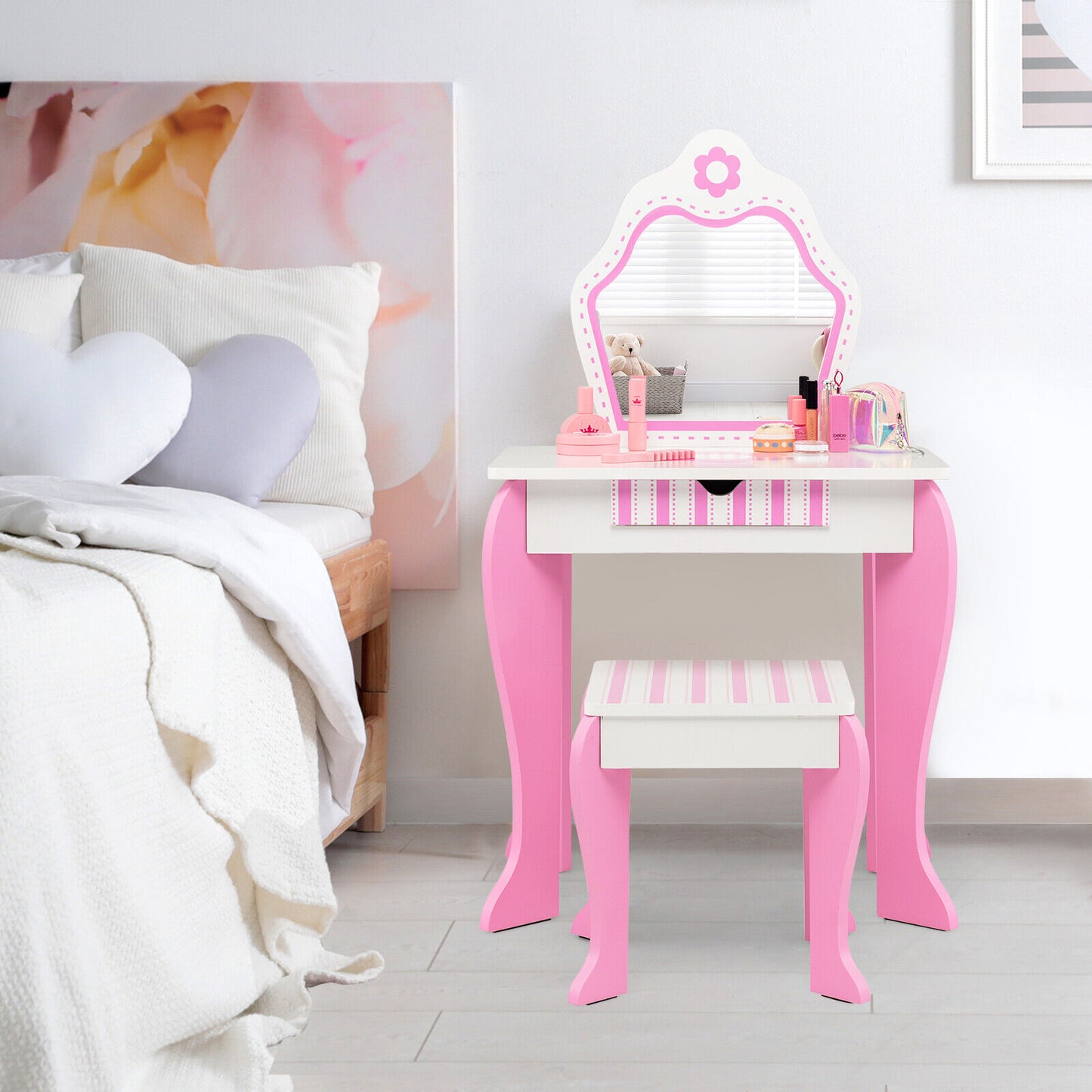2-in-1 Toddler Vanity Set with Detachable Top and Cute Flower Patterns-White Kids Crystal