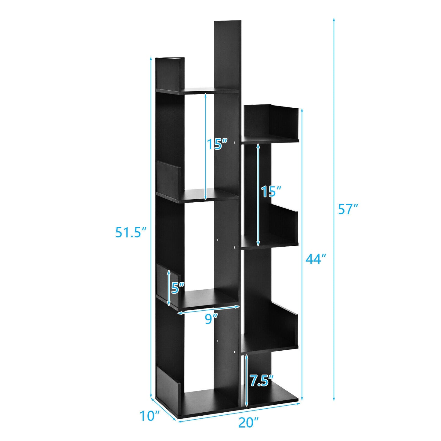 8-Tier Bookshelf Bookcase Space-Saving Storage Rack with 8 Open Compartments-Black Kids Crystal