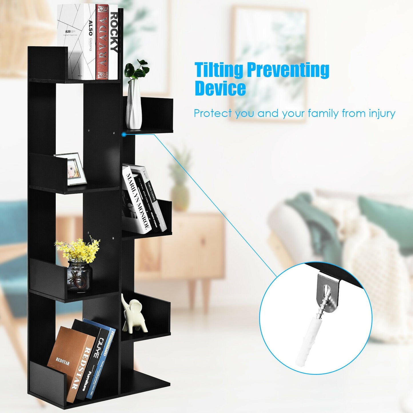 8-Tier Bookshelf Bookcase Space-Saving Storage Rack with 8 Open Compartments-Black Kids Crystal