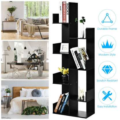 8-Tier Bookshelf Bookcase Space-Saving Storage Rack with 8 Open Compartments-Black