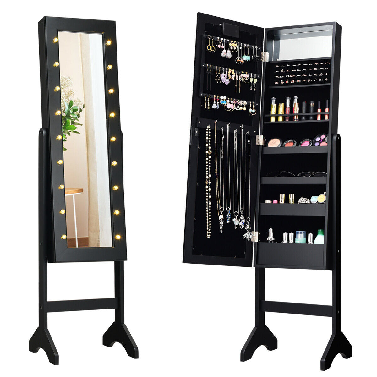 Mirrored Jewelry Cabinet Armoire Organizer w/ LED lights-Black Kids Crystal