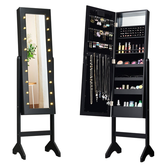 Mirrored Jewelry Cabinet Armoire Organizer w/ LED lights-Black Kids Crystal