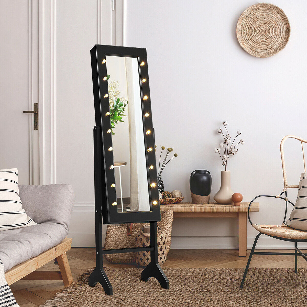 Mirrored Jewelry Cabinet Armoire Organizer w/ LED lights-Black Kids Crystal