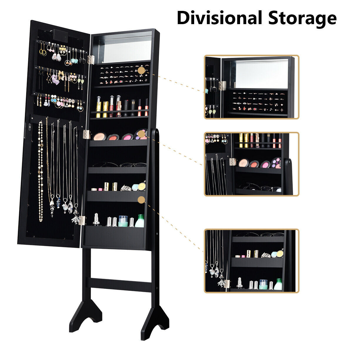 Mirrored Jewelry Cabinet Armoire Organizer w/ LED lights-Black Kids Crystal