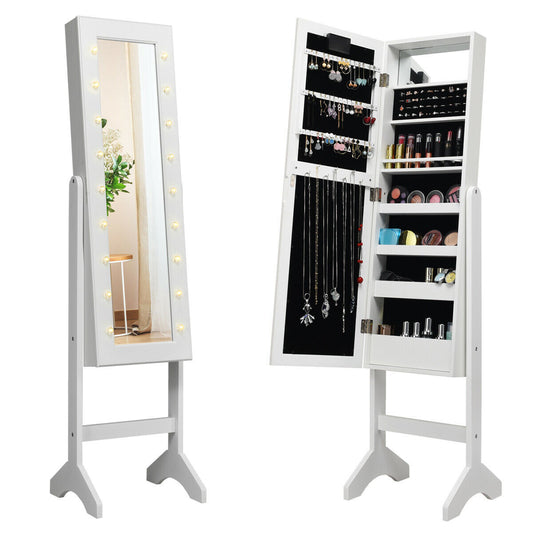 Mirrored Jewelry Cabinet Armoire Organizer w/ LED lights-White Kids Crystal