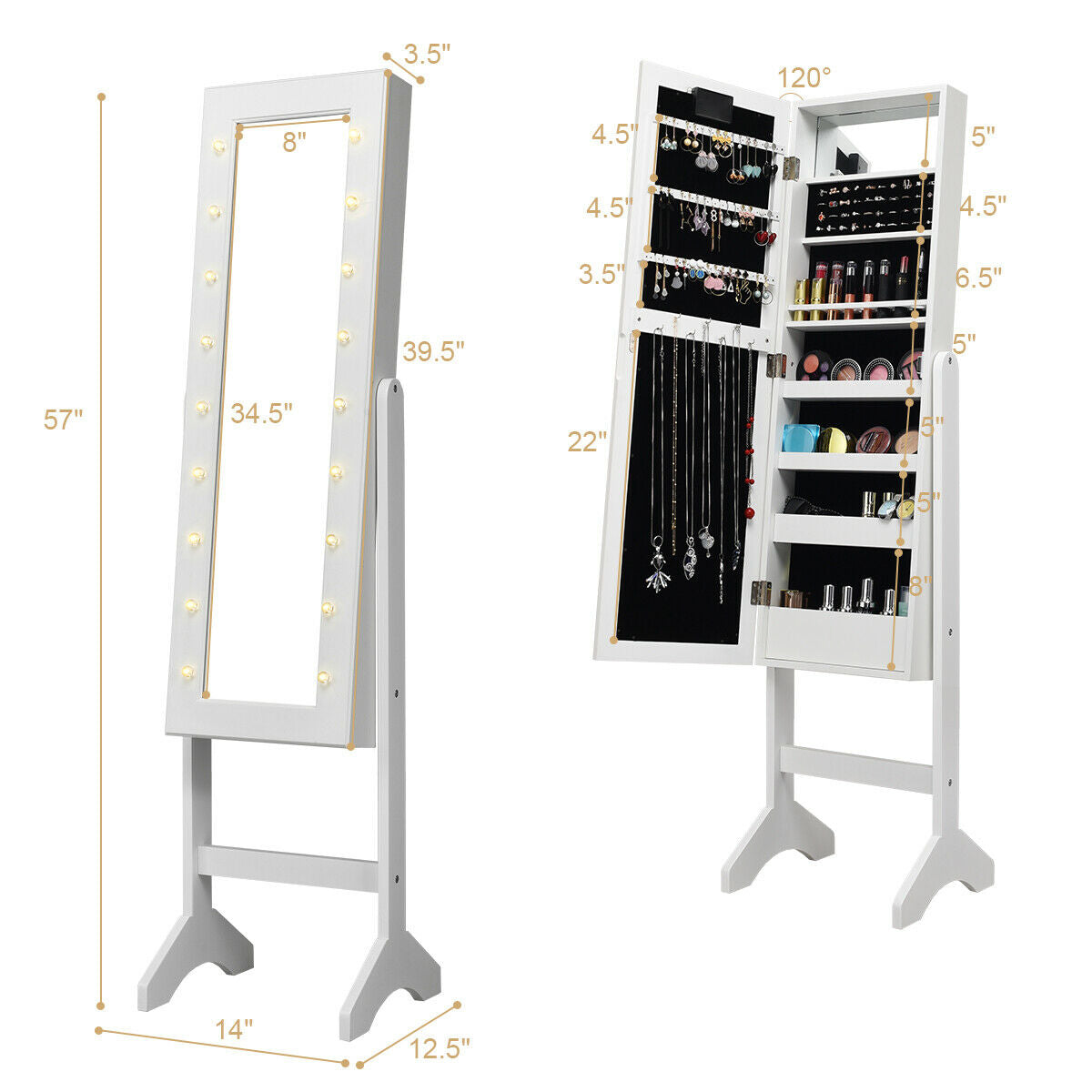 Mirrored Jewelry Cabinet Armoire Organizer w/ LED lights-White Kids Crystal