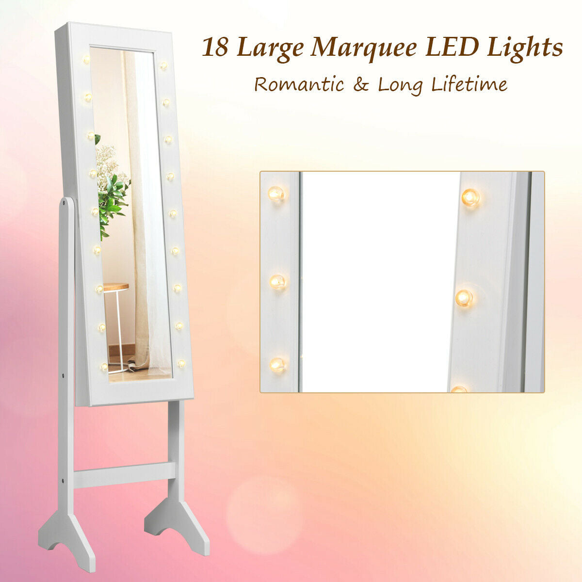 Mirrored Jewelry Cabinet Armoire Organizer w/ LED lights-White Kids Crystal