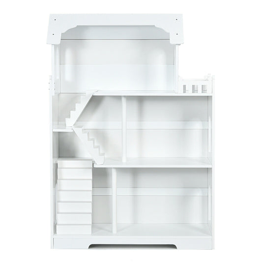 Kids Wooden Dollhouse Bookshelf with Anti-Tip Design and Storage Space-White Kids Crystal