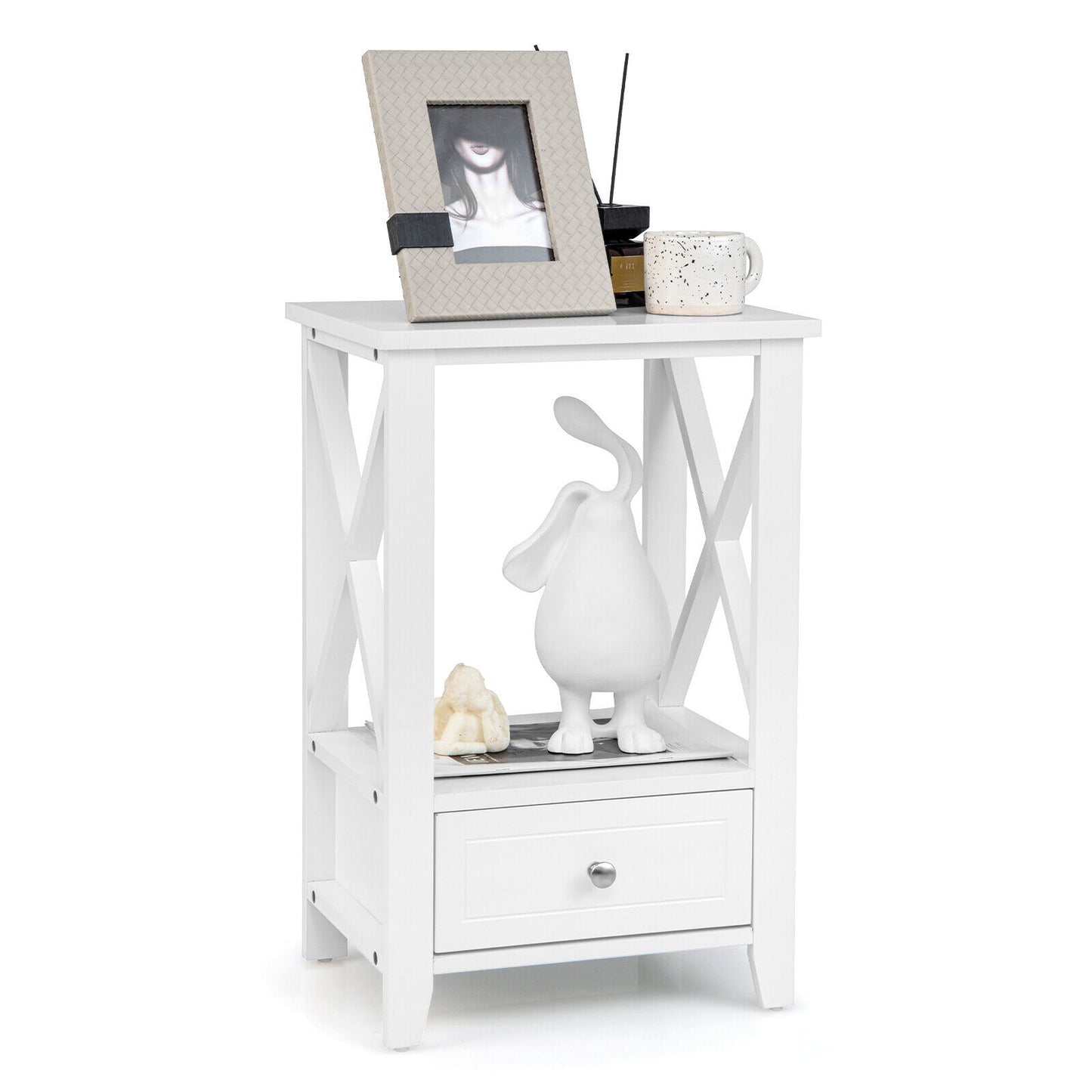 2-Tier 16 x 14 Inch Multifunctional Nightstand with Storage Drawer-White Kids Crystal