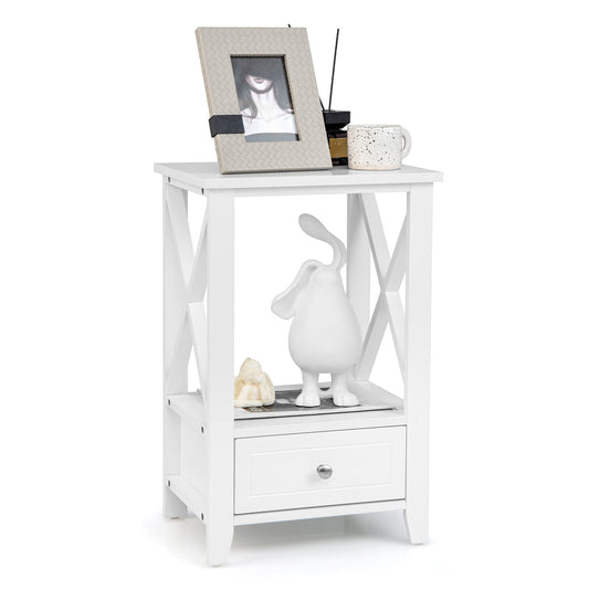 2-Tier 16 x 14 Inch Multifunctional Nightstand with Storage Drawer-White Kids Crystal