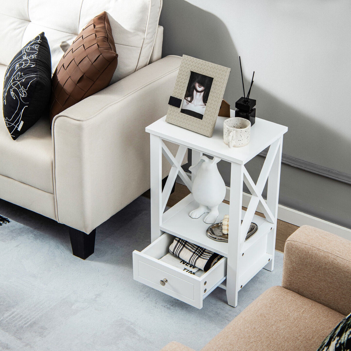 2-Tier 16 x 14 Inch Multifunctional Nightstand with Storage Drawer-White Kids Crystal