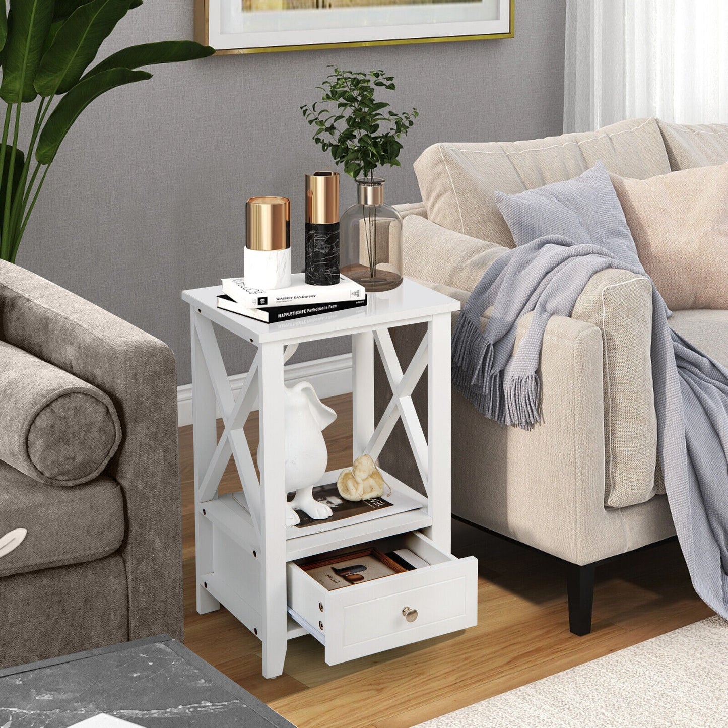 2-Tier 16 x 14 Inch Multifunctional Nightstand with Storage Drawer-White Kids Crystal